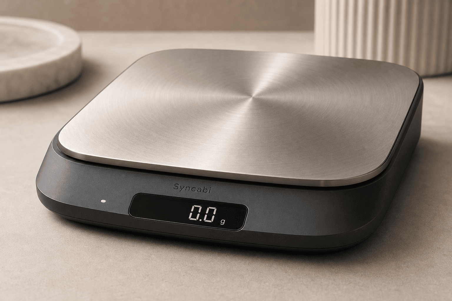 Syncabi connected smart scale in a warm studio setting