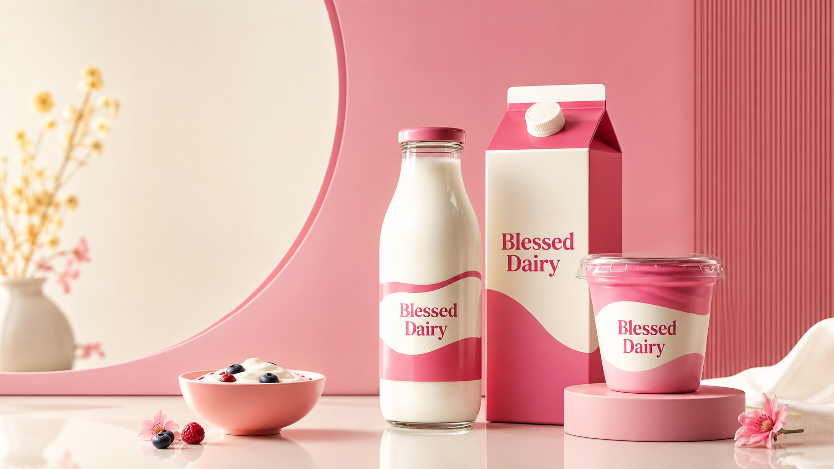 Blessed Dairy premium pink and cream campaign with milk bottle, carton, and yogurt